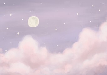 Background painting of the night sky with pink clouds, the moon, and cute stars In a minimalist style