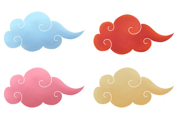 Watercolor painting of cloud in Chinese Style Suitable for decorating during Chinese New Year: Blue, Red, Pink and Yellow coclors