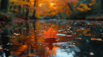 A tranquil pond reflecting the vibrant autumn foliage of surrounding trees, with a single leaf gently floating on the water.