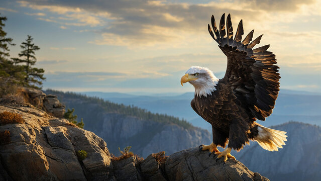 A picture of a bald eagle gracefully descending from the sky to the edge of a cliff, where it elegantly alights on a weathered perch and the sheer strength conveyed by the eagle's presence