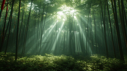Sunlight streaming through dense bamboo groves, creating a play of light and shadows on the forest...