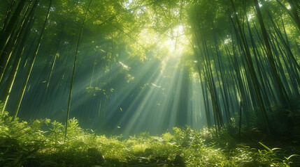 Sunlight streaming through dense bamboo groves, creating a play of light and shadows on the forest floor.