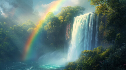 Fototapeta na wymiar The ethereal beauty of a rainbow arcing over a thundering waterfall, surrounded by lush greenery and mist.