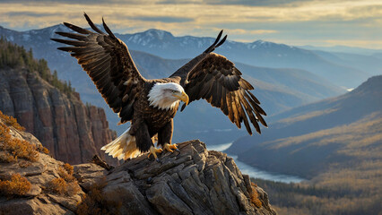 Obraz premium A picture of a bald eagle gracefully descending from the sky to the edge of a cliff, where it elegantly alights on a weathered perch and the sheer strength conveyed by the eagle's presence
