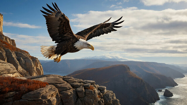 A picture of a bald eagle gracefully descending from the sky to the edge of a cliff, where it elegantly alights on a weathered perch and the sheer strength conveyed by the eagle's presence