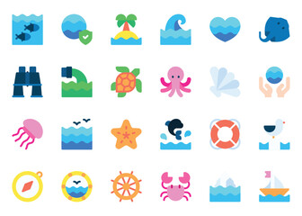 World Ocean Day icon vector set. World Ocean Day icon set. World Ocean Day flat color icon collection