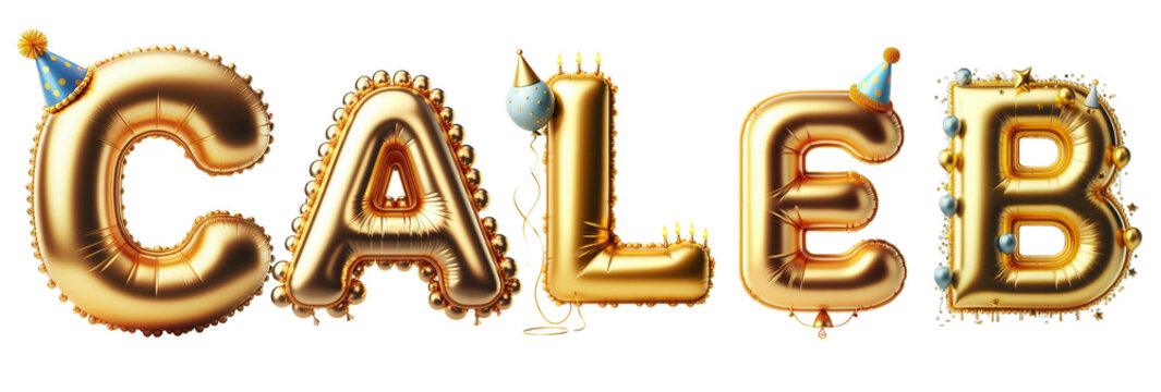 Caleb Letters - Golden Balloon, 3D - Isolated on Transparent or White Background PNG - Best for Birthday Illustration Design