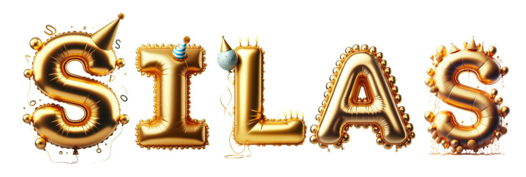 Silas Letters - Golden Balloon, 3D - Isolated on Transparent or White Background PNG - Best for Birthday Illustration Design