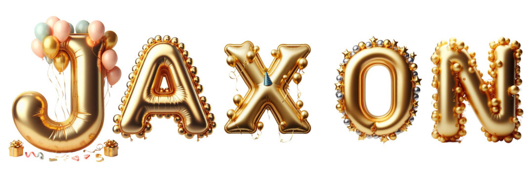 Jaxon Letters - Golden Balloon, 3D - Isolated on Transparent or White Background PNG - Best for Birthday Illustration Design
