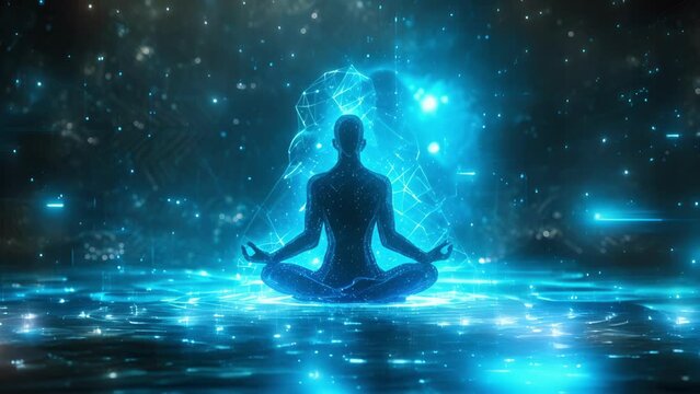 A telepathic being sits in a meditative stance their mind connecting with the thoughts of other beings across the universe. Their holographic form takes on a translucent appearance