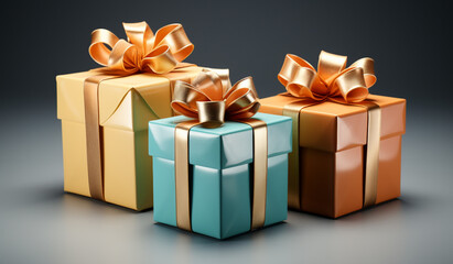 Three colorful gift boxes with bows and ribbons. Generative AI