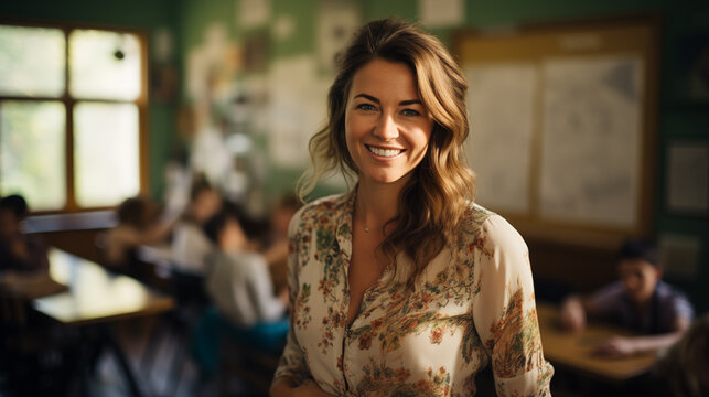 Portrait of a beautiful female teacher smiling in the class at school