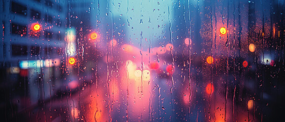 a view of a city street with traffic lights through a rain covered window