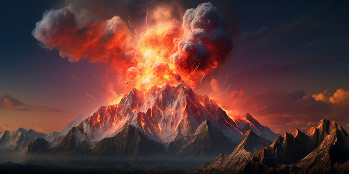 A big volcano erupts with a dark ash cloud in the sky with lightning, A volcano with a fiery orange glow in the sky. 
