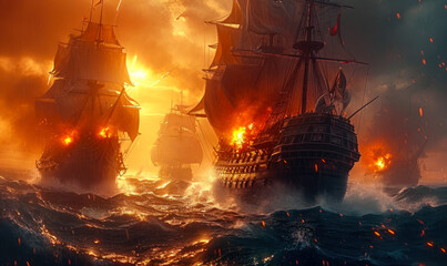 Dramatic maritime scene of tall ships engaged in a fierce battle on the high seas, with fiery explosions and turbulent ocean waves - obrazy, fototapety, plakaty