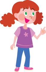 A girl with red hair wearing purple shirt and blue jeans. Vector Illustration.
