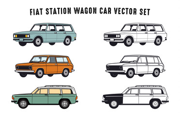 Fiat Station Wagon Car vector illustration Set, Fiat Wagon cars black outline Bundle