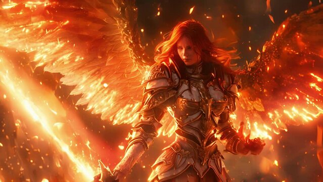 A fierce angel donning dark red armor with wings of fire ready to defend the heavens with her fiery whip.