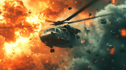 Military attack helicopters in combat attempting to evade incoming fire and explosions