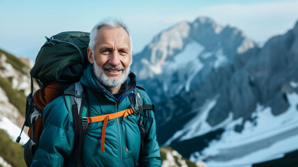 Older Senior Man Enjoying Epic Outdoor Hike in the Moutains