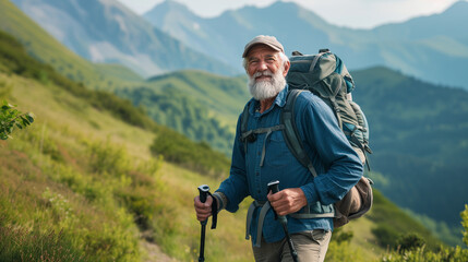 Older Senior Man Enjoying Epic Outdoor Hike in the Moutains