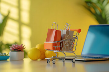 Product package boxes and a shopping bag placed in a cart with a laptop computer. Illustrating the concept of online shopping and delivery, against a yellow background with space for text.
