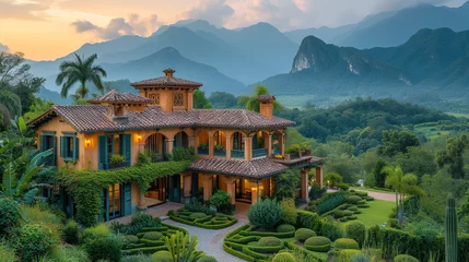 Fotobehang A panoramic view of a stucco house nestled in a lush, green landscape, with mountains in the background at dusk © AI QUALITY IMAGES