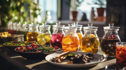A variety of flavored teas and herbal infusions displayed on a brunch table