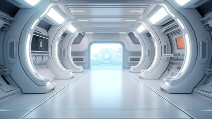 Space station or spaceship scifi style corridor or room. . Ultra modern sci fi space station corridor or white futuristic spaceship. seamless looping overlay 4k virtual video animation background - Powered by Adobe