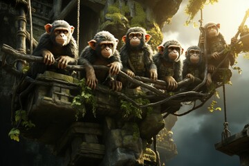 A troop of monkeys swinging through the trees