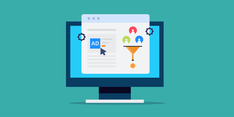 Digital ad optimization increases clicks rate and sales funnel conversion, e-business technology software application vector illustration. - obrazy, fototapety, plakaty