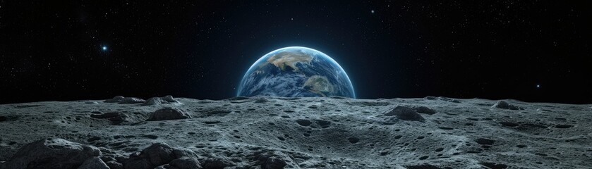 Earth is portrayed rising majestically above the moon's horizon.