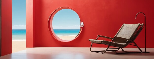 A beautiful and bright shiny day with red colored wall and sitting chair for relaxation, with beautifully decorated modern interior beside sea beach