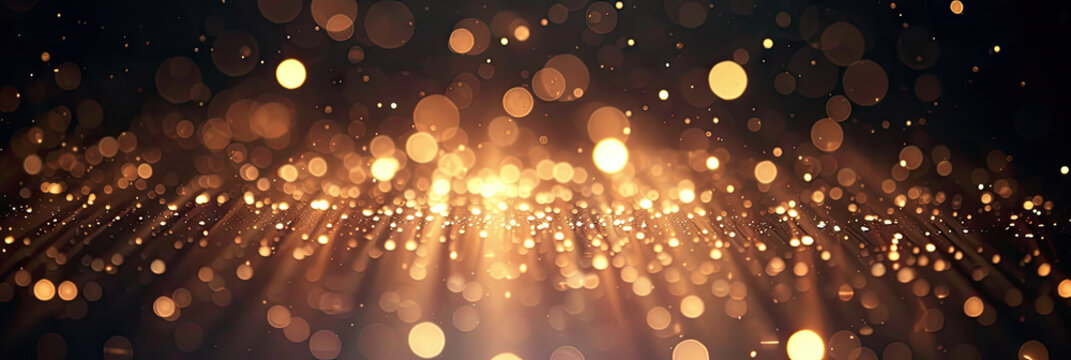 a dark gold background with stars. Suitable for celestial, festive, or glamorous design projects such as invitations, holiday-themed graphics.glitter lights. de focused. banner.bokeh blur circle
