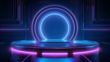 3d render, abstract background, neon light, round podium, empty space for product display, Generative AI illustrations.