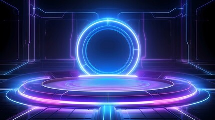 3d render, abstract background, neon light, round podium, round stage, Generative AI illustrations.