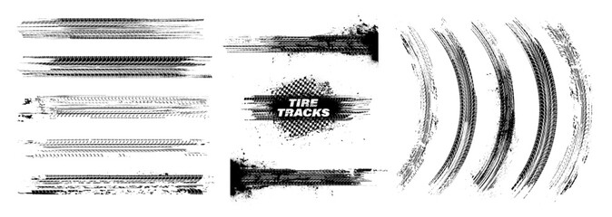 Tire tread marks, isolated wheel texture, tire marks - drift, rally, races, off-road, motocross. Vector isolated texture with grunge effect, splashes. Black monochrome tread prints. Vector graphic set - obrazy, fototapety, plakaty