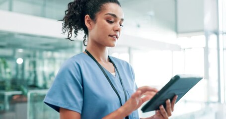 Healthcare, nurse and walking in hospital with tablet for telehealth, medical research and planning with smile. Medicine, woman and doctor with touchscreen pc in clinic for online results and search - Powered by Adobe
