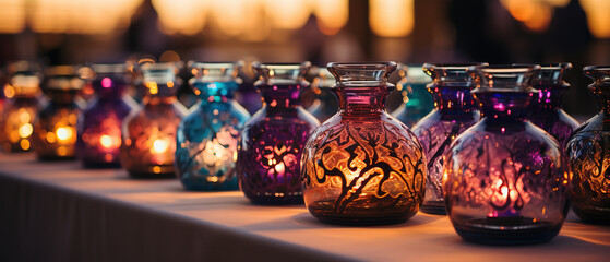 a many glass vases lined up on a table