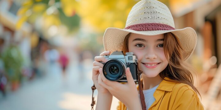 Portrait of the beautiful girl with camera.