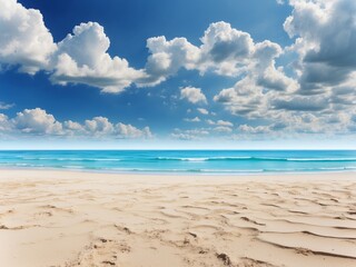Tropical beach under blue sky with white clouds and copy space