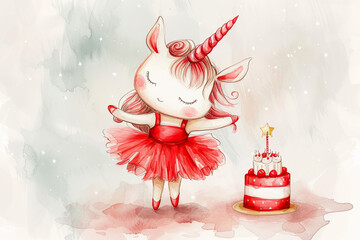 Illustration of a cute unicorn in red dress with cake. Happy birthday greeting card, invitation