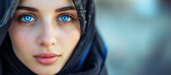 Portrait of a Arab woman in hijab with blue eyes. Traditional clothing. Banner - obrazy, fototapety, plakaty