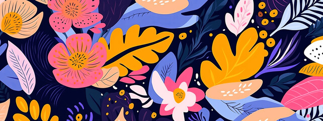 Tropical pattern with exotic flowers, leafs. Summer abstract illustration