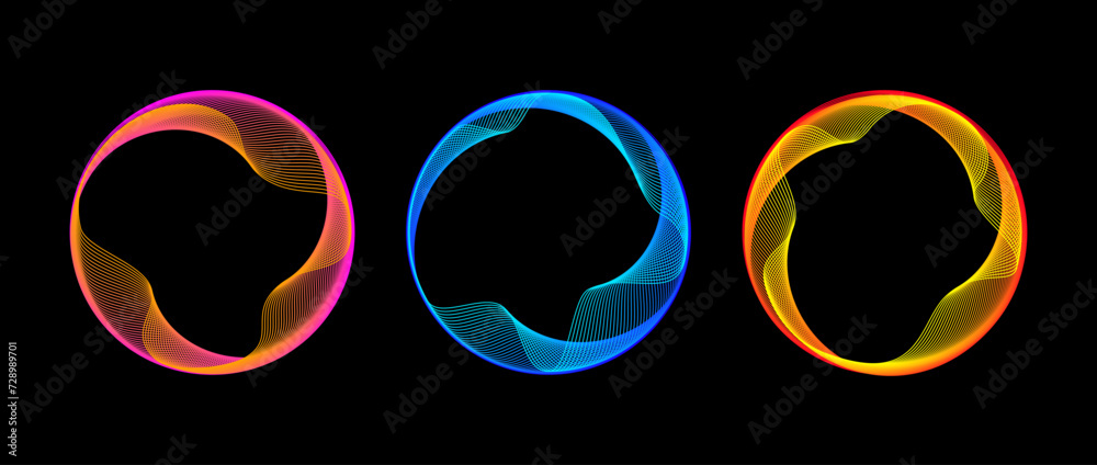 Poster Neon blend circle lines set. Glowing colorful round tech frame collection. Curved wavy line circles on black background. Bright gradient circular border pack. Vector design element bundle