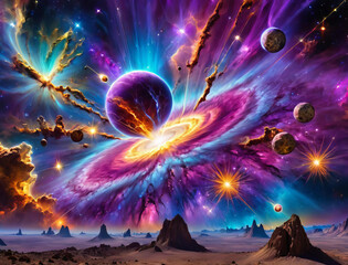 Cosmic Explosion - Unreal celestial scenery with magnetic fields, quasar, and gamma ray burst Gen AI - obrazy, fototapety, plakaty