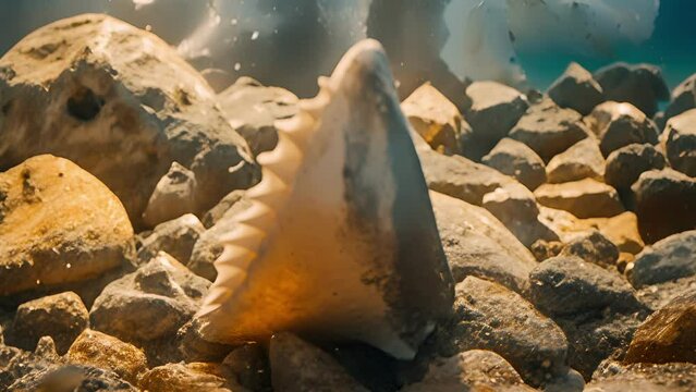 A closeup of a prehistoric shark tooth found amidst a treasure trove of other shark teeth and dinosaur fossils buried in the ocean depths.