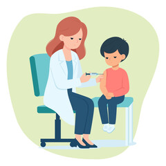 Female Doctor Giving Boy Child Patient an Injection, Cartoon Vector Flat Illustration