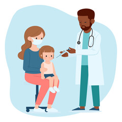 Black Male Doctor Giving Little Girl Patient an Injection as She Sits with Mother, Cartoon Vector Flat Illustration