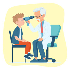 Pediatric Ophthalmologist and Child Patient, Elderly Male Eye Doctor Examining Boy Eyes with Ophthalmoscope in Doctor's Clinic, Cartoon Vector Flat Illustration